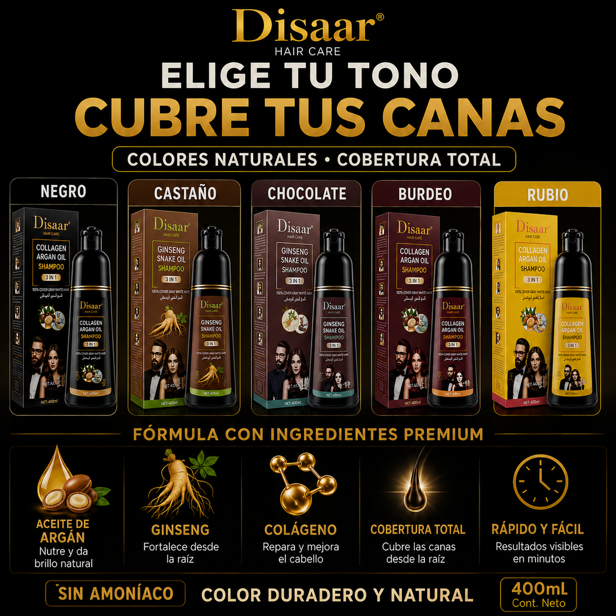 CHAMPÚ TINTE DISAAR Anti Canas (400 ML) ORIGINAL : Sin amoníaco, color natural y cabello con más vida